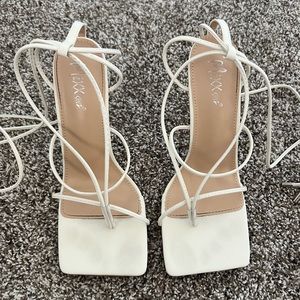 White Lace Up Heels w/ Square Toe